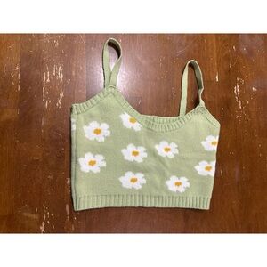 Altar’d State Light Green Daisy Knit Crop Top with Spaghetti Straps